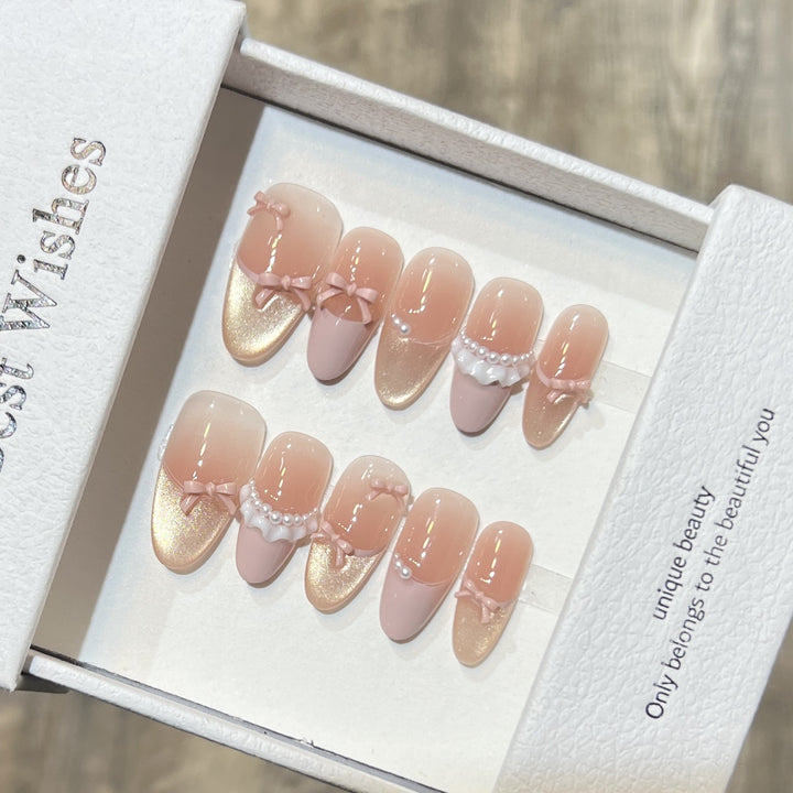 Elegant Press-On Nail Art Set with Pearl and Bow Accents Stornfield