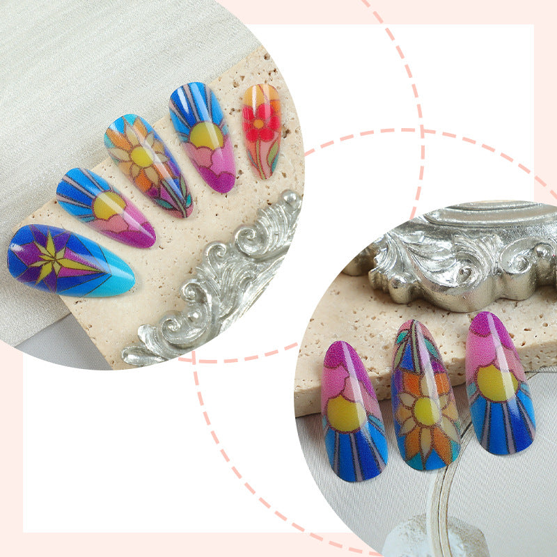 Artistic Press-On Nail Art Set with Floral and Geometric Patterns Stornfield