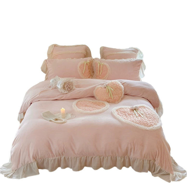 Romantic Heart Appliqué Ruffled Duvet Cover and Decorative Pillow Set