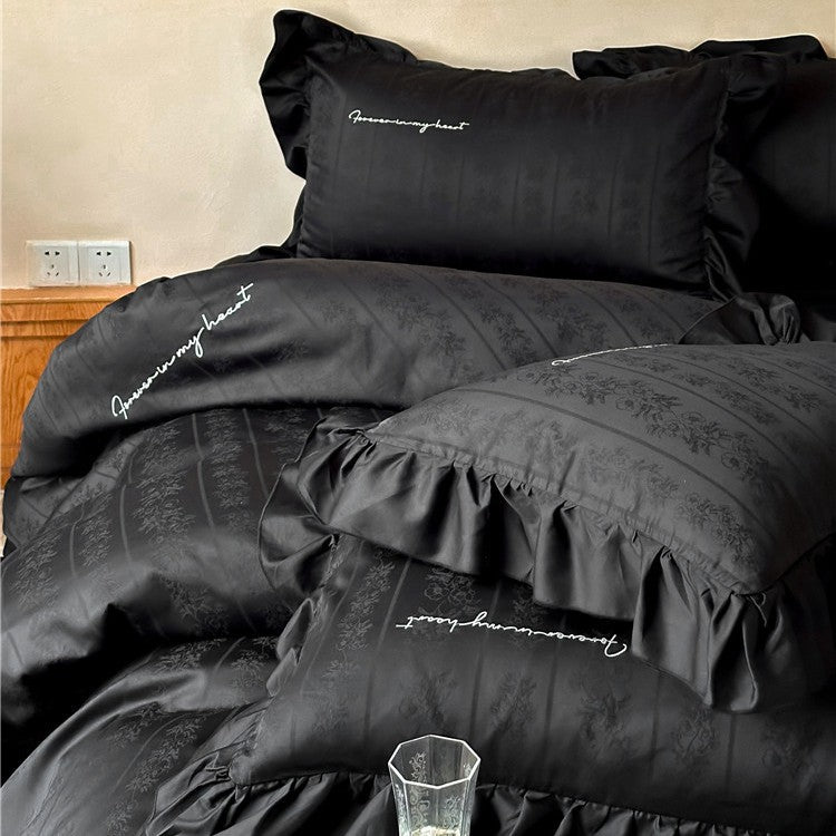 Luxurious satin bedding set with ruffles and jacquard floral pattern