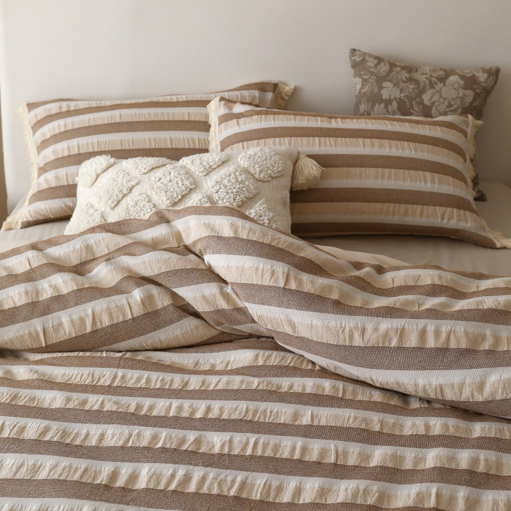 Striped Cotton-Linen Duvet Cover Set with Textured Fringe Trim