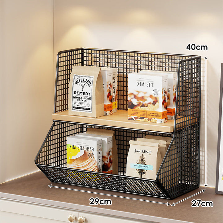 Compact Mesh Countertop Pantry Organizer with Two Wooden Shelves and Deep Front Basket