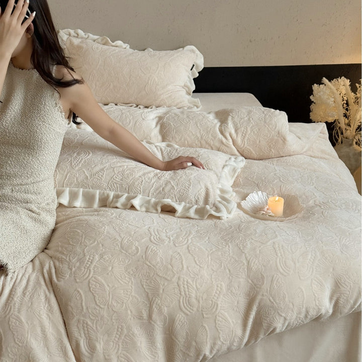 Plush Embossed Butterfly Jacquard Duvet Cover Set with Ruffled Pillow Shams