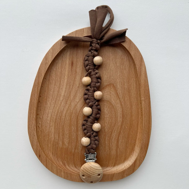 Macrame Boho Wooden-Bead Pacifier Holder Clip with Metal Safety Clamp
