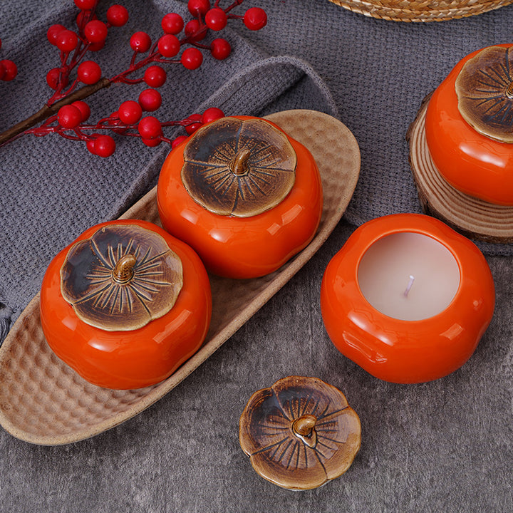 Ceramic Persimmon-Shaped Lidded Trinket Jar Set