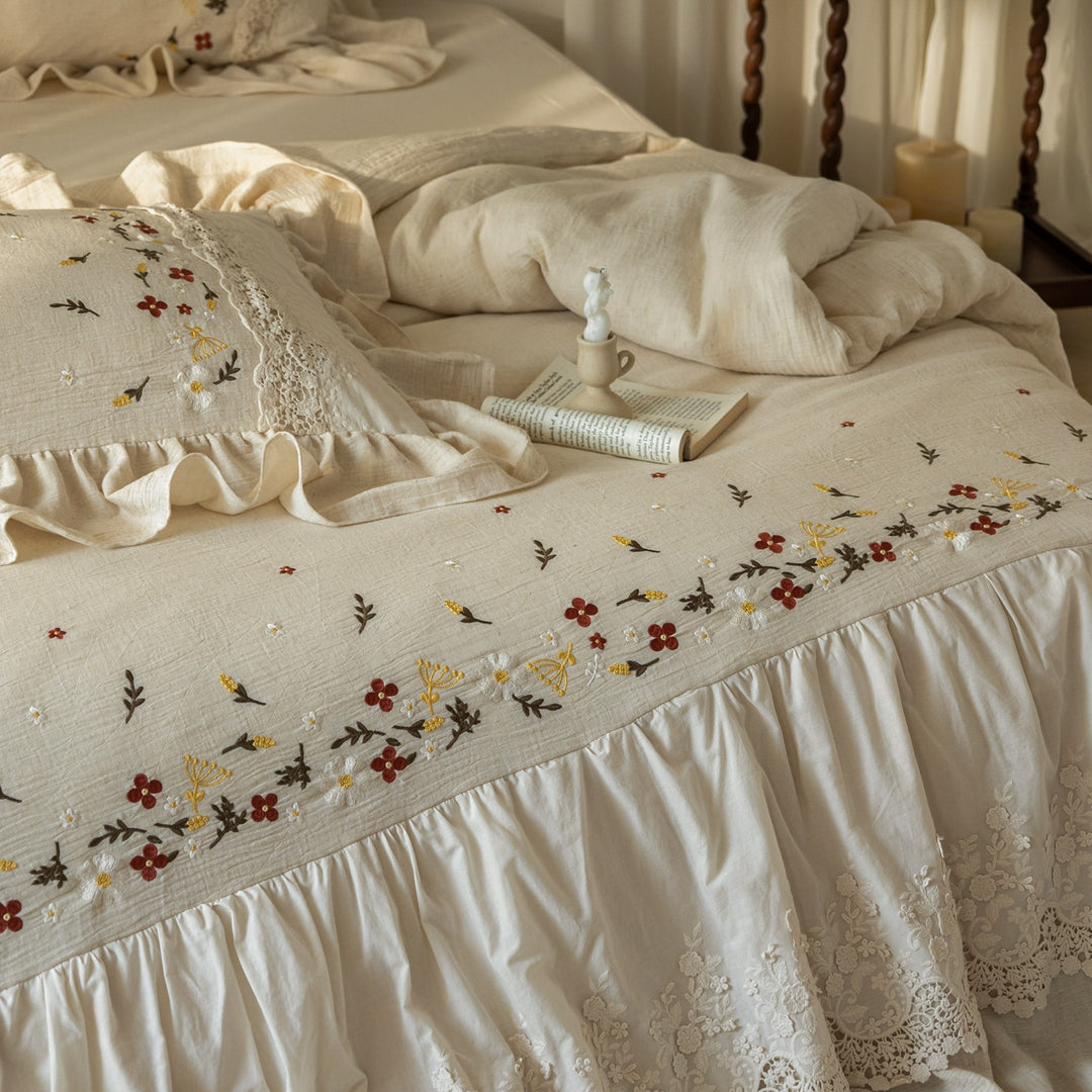 Embroidered Linen Ruffled Bedspread Set with Lace Trim