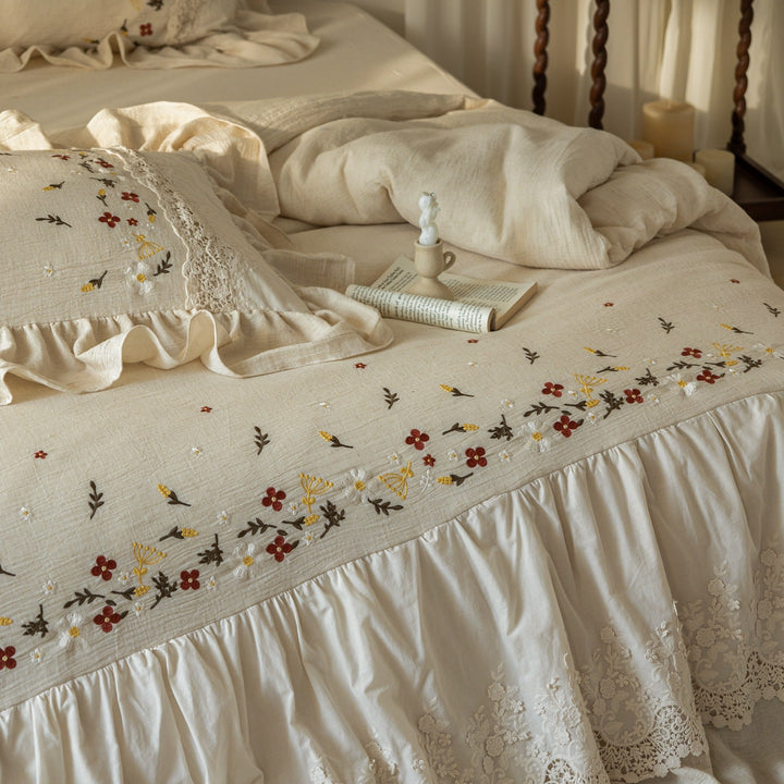 Embroidered Linen Ruffled Bedspread Set with Lace Trim