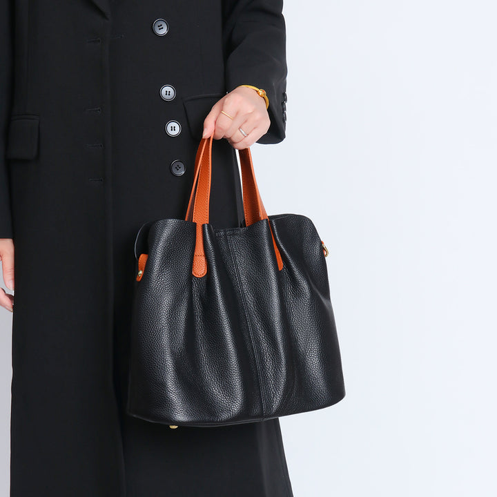 Pebbled Leather Work Tote with Contrast Top-Handles