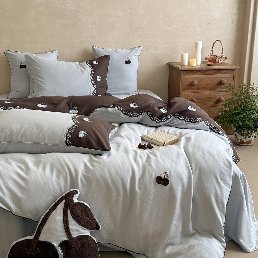 Embroidered Cherry Cotton Duvet Cover Set with Reversible Quilted Comforter and Piped Pillow Shams