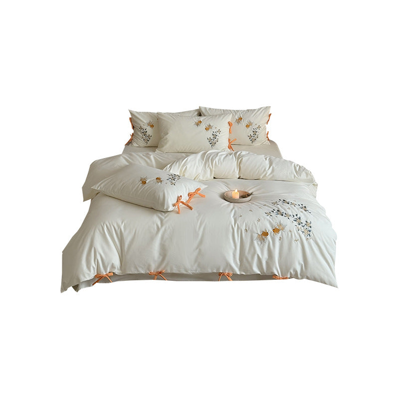 Embroidered Cotton-Sateen Duvet Cover Set with Goldfish Motif and Tie-Bow Closures