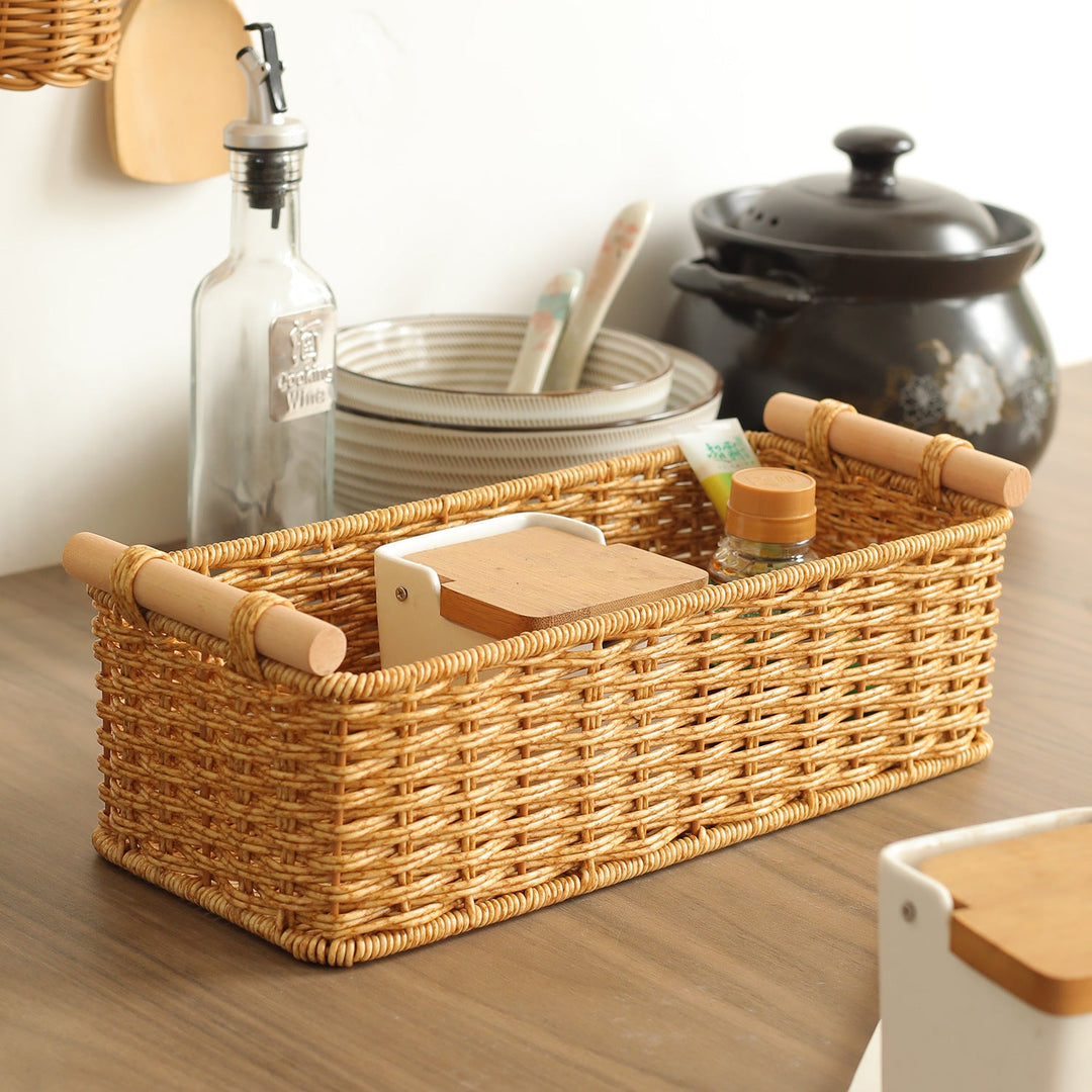 Rectangular Woven Storage Basket with Wooden Handles Stornfield
