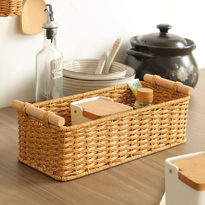 Rectangular Woven Storage Basket with Wooden Handles Stornfield