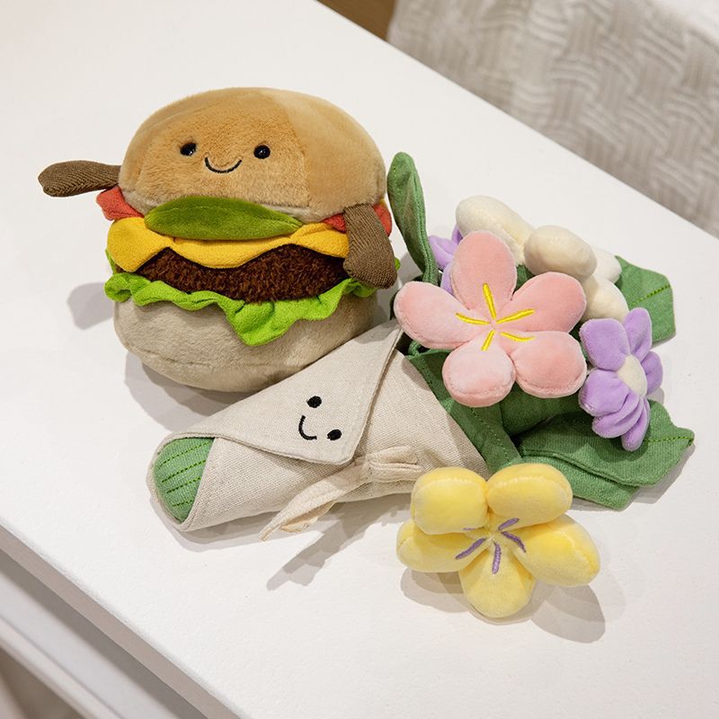 Plush Flower Bouquet Decorative Soft Toy with Embroidered Face and Removable Burlap Wrap Stornfield