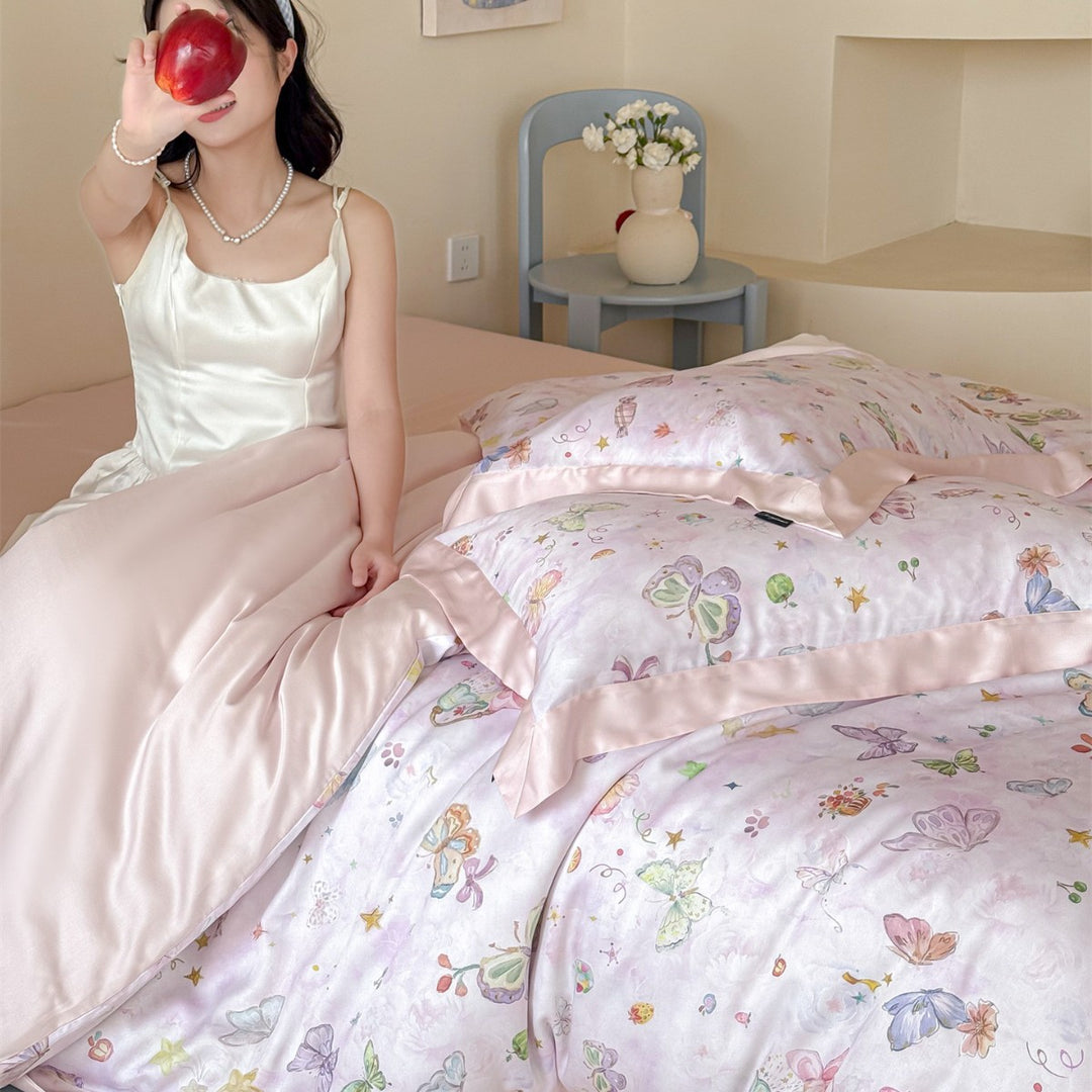 Silky Satin-Feel Reversible Butterfly Print Duvet Cover Set with Satin-Trim
