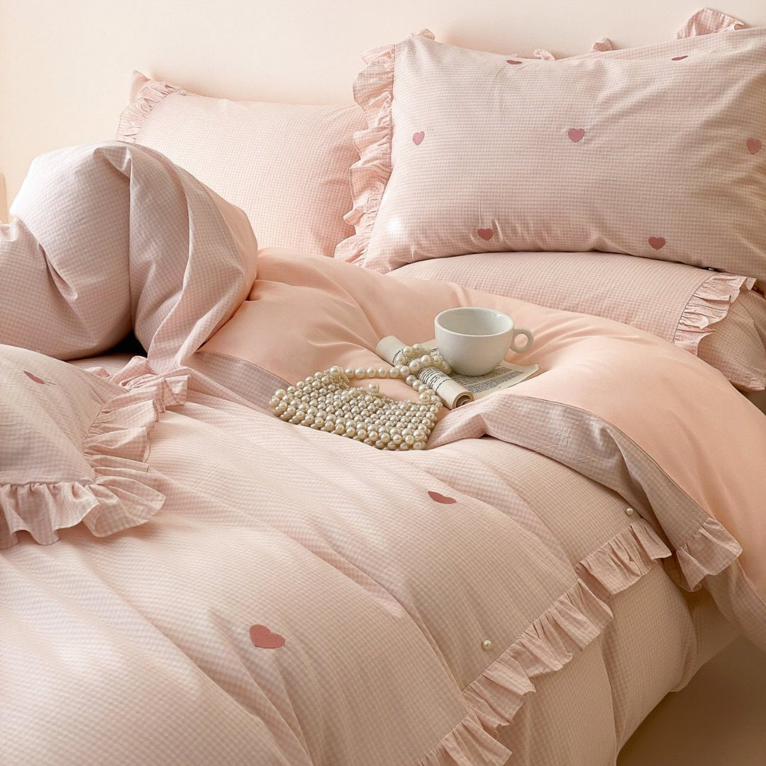 Romantic Ruffled Heart-Print Cotton Duvet Cover Set
