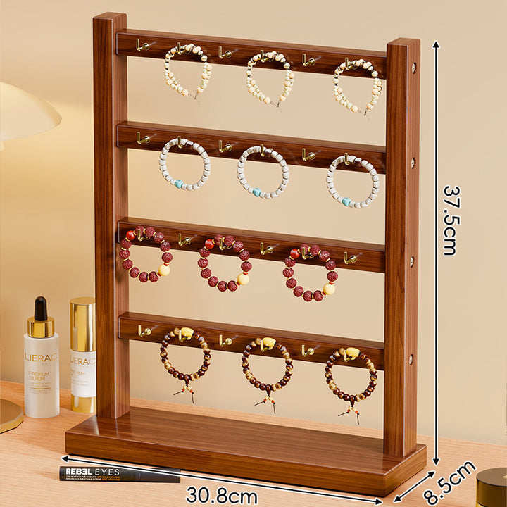 Triple-Tier Wooden Bracelet and Bangle Organizer Display Stand with Gold Hooks