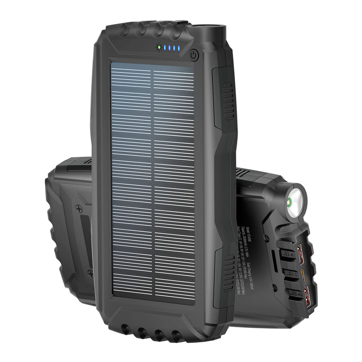 Solar power bank with integrated LED flashlight and multiple charging ports Stornfield