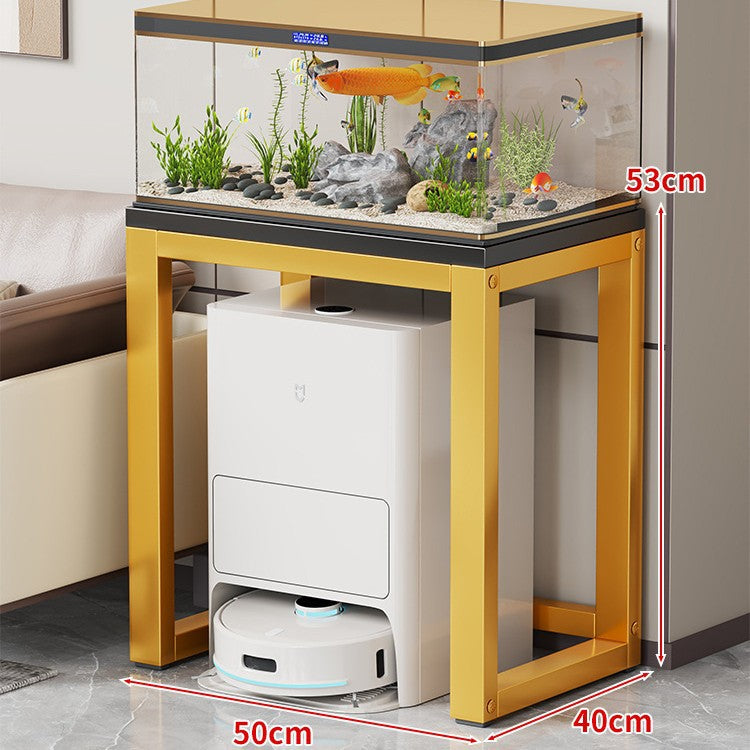 Gold Metal Aquarium Console Table with Faux Marble Top and Robot Vacuum Storage