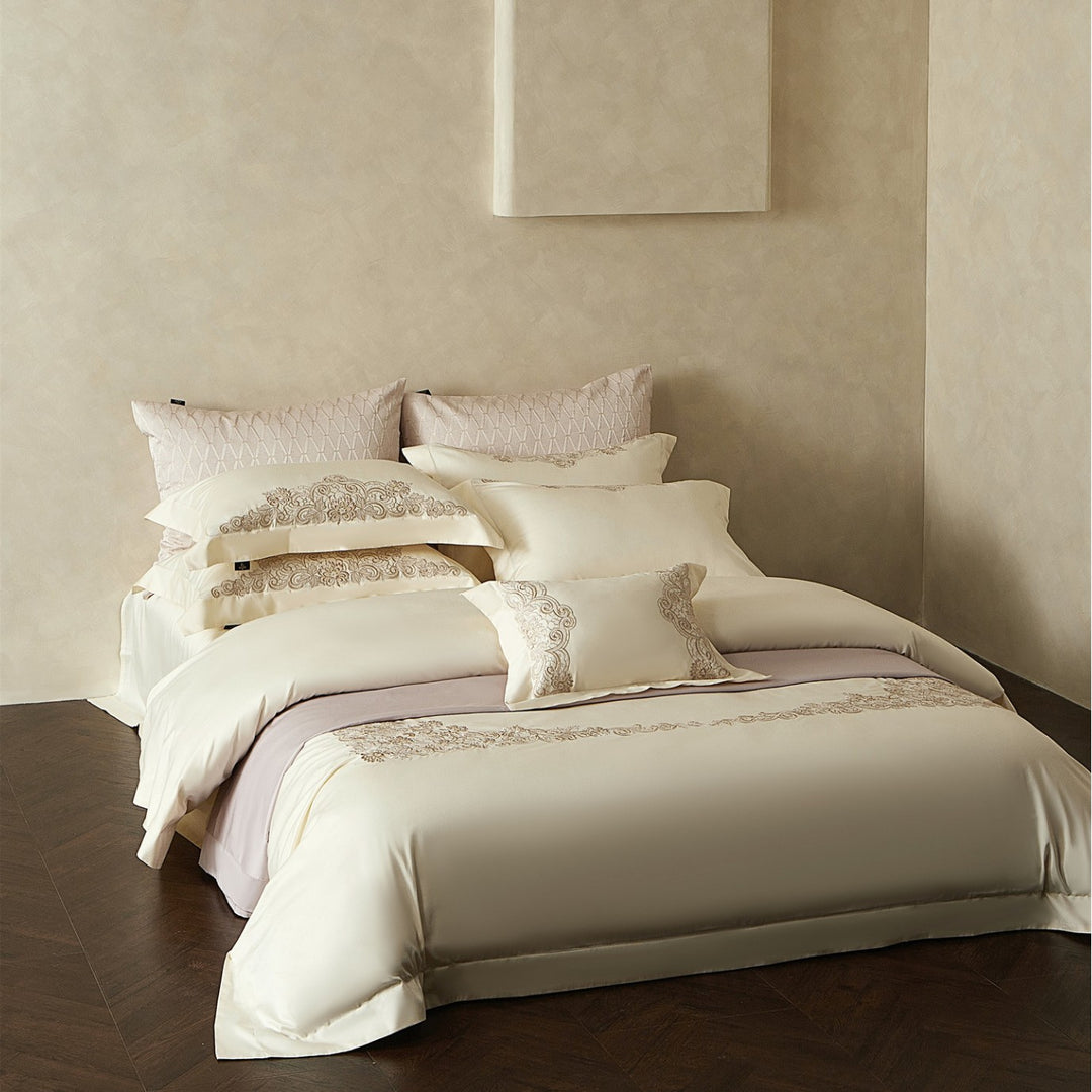 Embroidered Sateen Duvet Cover Set with Lace-Edge Pillow Shams