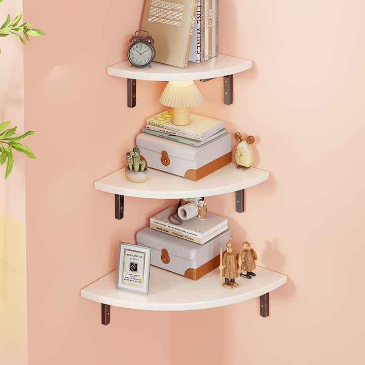 Corner Wall-Mounted Floating Shelf with Rounded Triangular Solid Wood Top and Metal Support Brackets