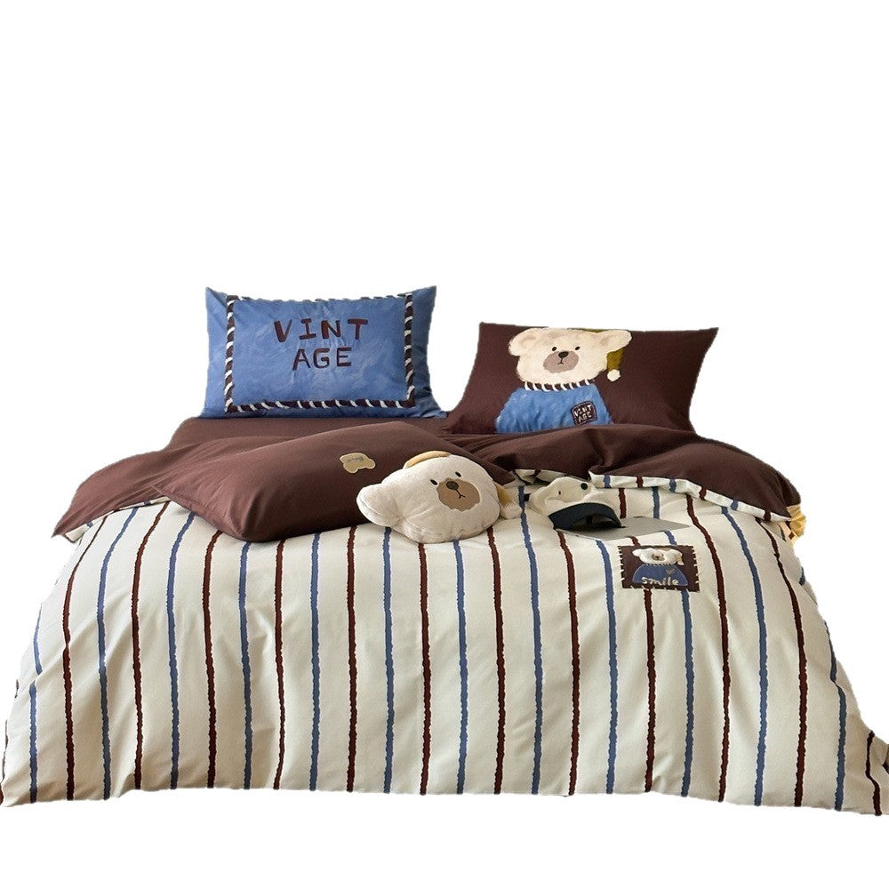 Plush Reversible Striped Fleece Duvet Cover Set with Embroidered Bear Patch