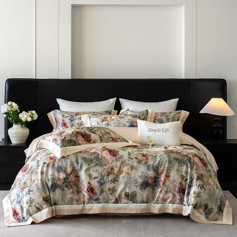Vintage Painterly Floral Brushed Microfiber Duvet Cover Set with Contrast Ribbon Border