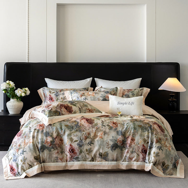 Vintage Painterly Floral Brushed Microfiber Duvet Cover Set with Contrast Ribbon Border