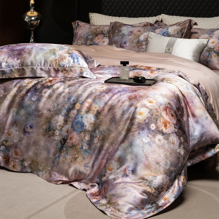 Silky Sateen Floral Duvet Cover Set with Reversible Satin Back and Luxury Pillow Shams