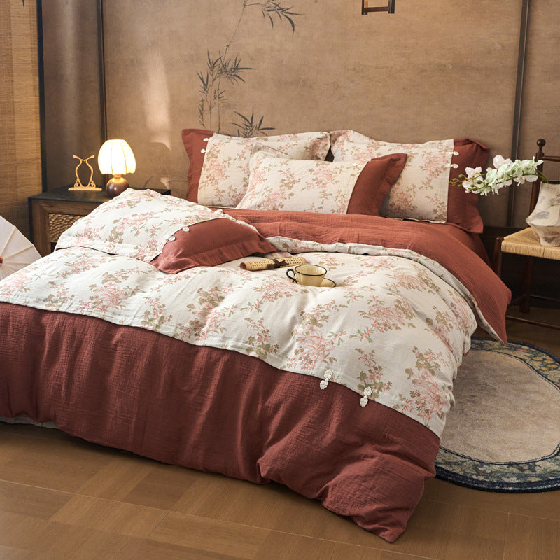 Romantic cotton-linen reversible bedding set with floral print and decorative cords