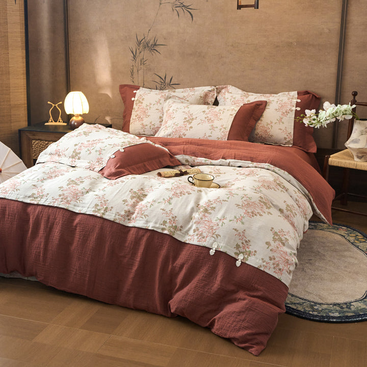 Romantic cotton-linen reversible bedding set with floral print and decorative cords
