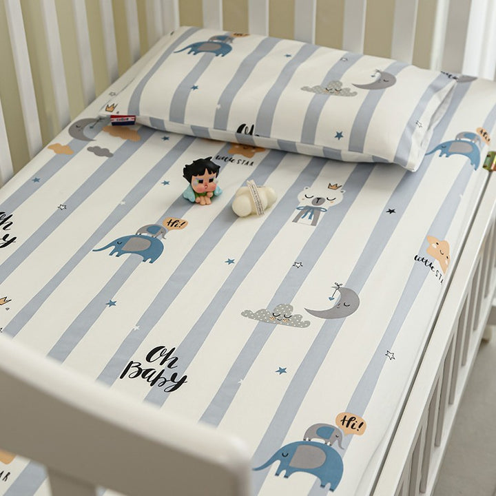 Baby Fitted Sheet Set for Crib with Elephant Print made of Breathable Muslin