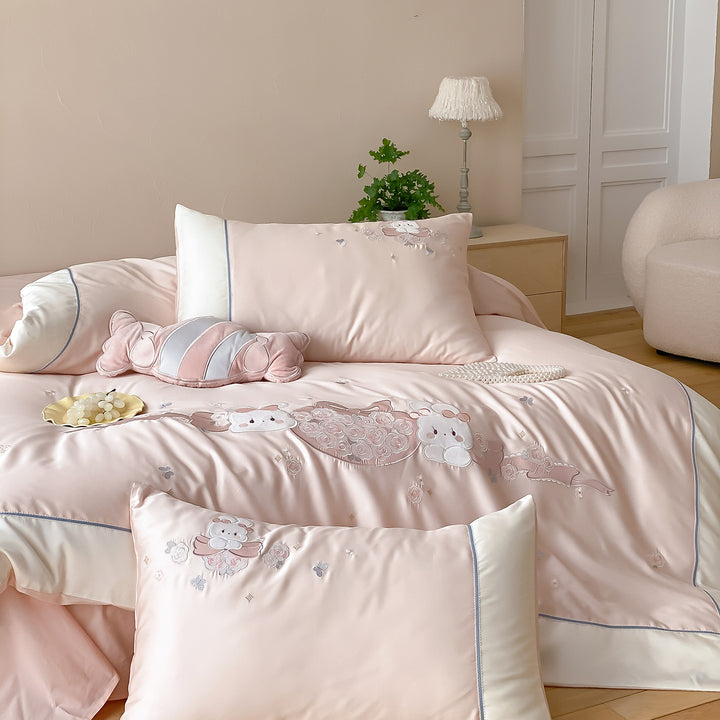 Luxury Satin Embroidered Duvet Cover Bedding Set with Decorative Pillow Shams
