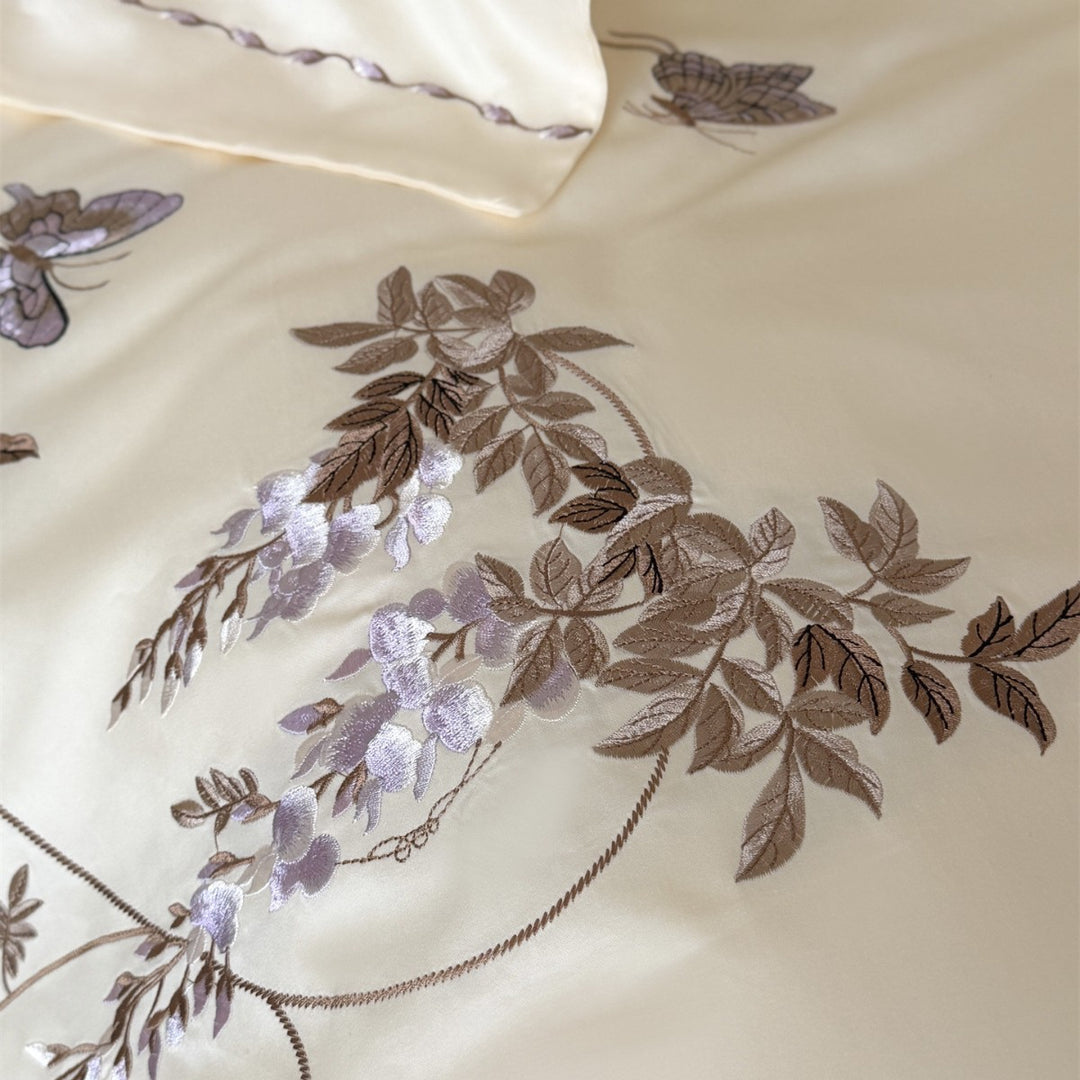 Embroidered Wisteria and Butterfly Cotton Sateen Duvet Cover Set with Piped Edge