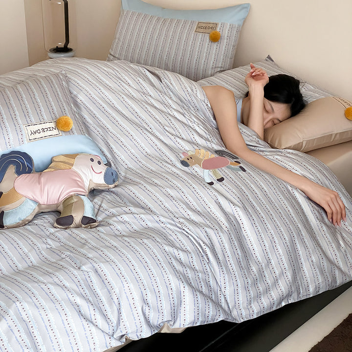 Striped Cotton Duvet Cover Set with Appliqué Pony and Pom-Pom Pillow Shams