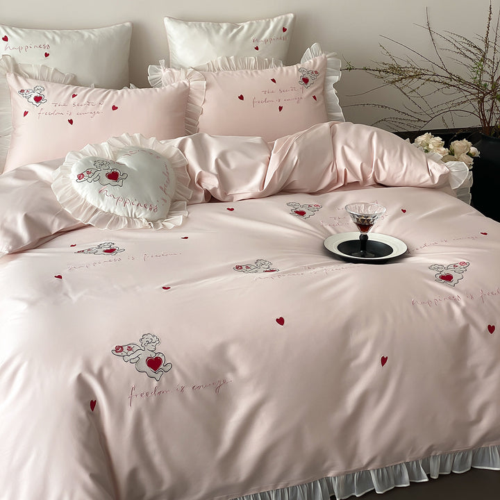 Satin-Feel Frilled Embroidered Heart Motif Duvet Cover Set