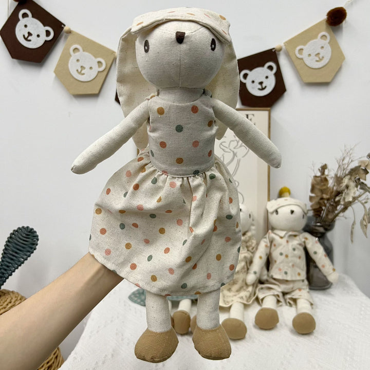 Soft Linen Bunny Doll Pair with Removable Vintage-Inspired Outfits