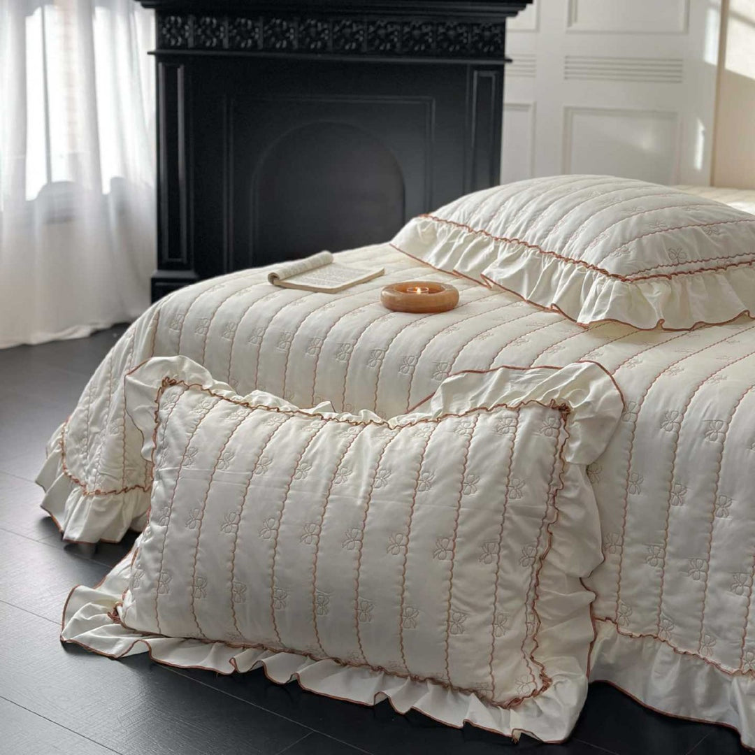 Quilted Ruffled Duvet Cover Set with Satin-Trim Pillow Shams