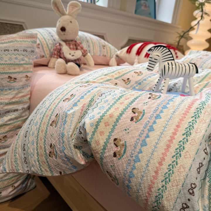 Quilted Cotton Duvet Cover Set with Nordic Reindeer Patchwork