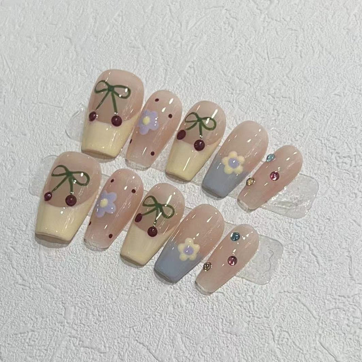 Charming Decorative Press-On Nail Set with Cherry and Floral Designs Stornfield