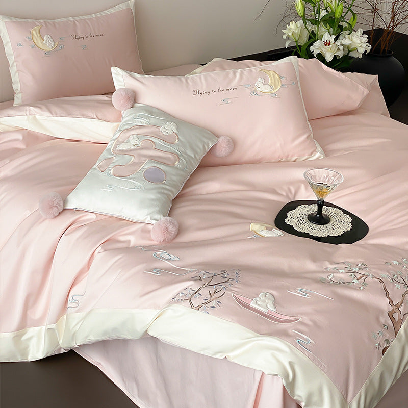 Luxury Cotton-Sateen Embroidered Duvet Cover Set with Satin Hem & Decorative Pillow Shams