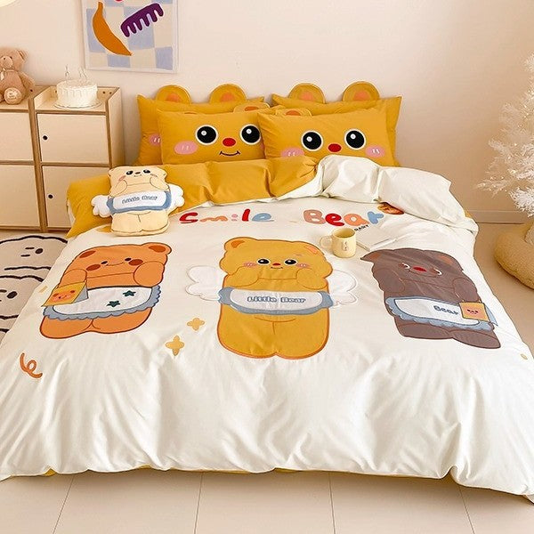 Children's Cartoon Bear Cotton Duvet Cover Bedding Set with Plush Pillow Shams