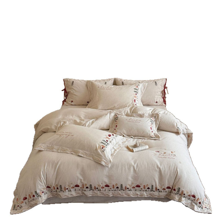 Embroidered Botanical Cotton Duvet Cover Set with Scalloped Ruffle & Pillow Shams