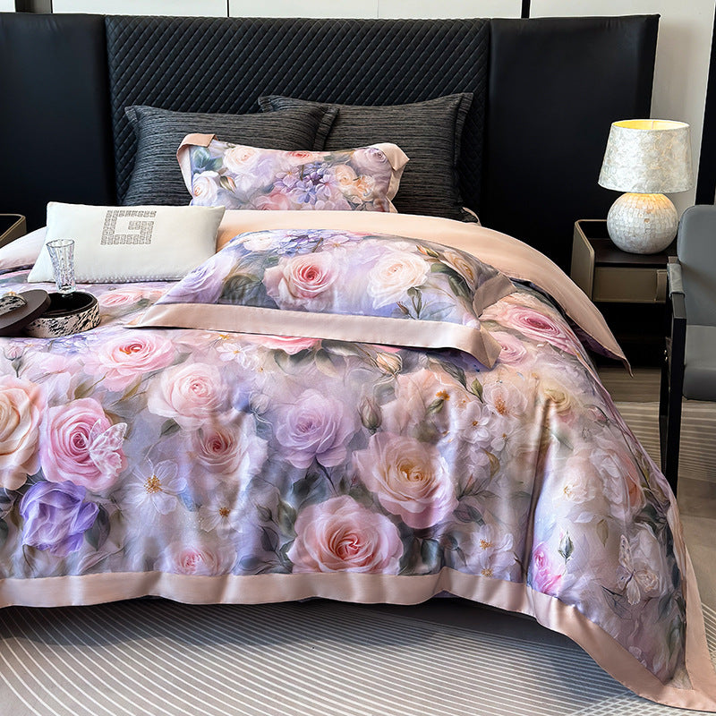 Luxurious satin bedding set with rose pattern and silky shiny surface