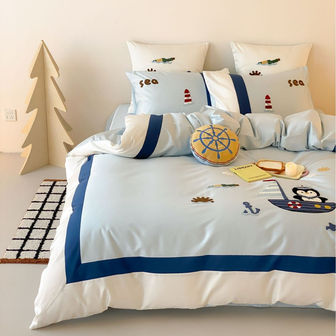 Children's Nautical Embroidered Cotton Duvet Cover Set with Pillowcases