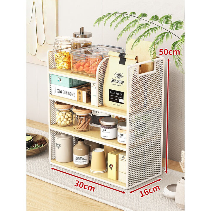 Metal Mesh Countertop Pantry Organizer with Multi-Tier Shelves and Vertical Bag Compartment
