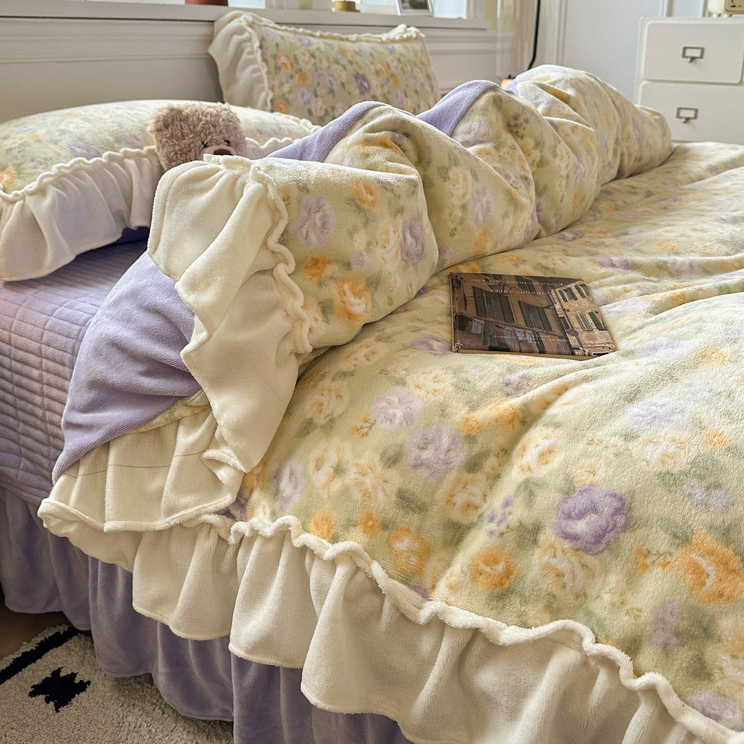 Reversible Plush Floral Comforter Set with Ruffled Skirt and Matching Pillow Shams