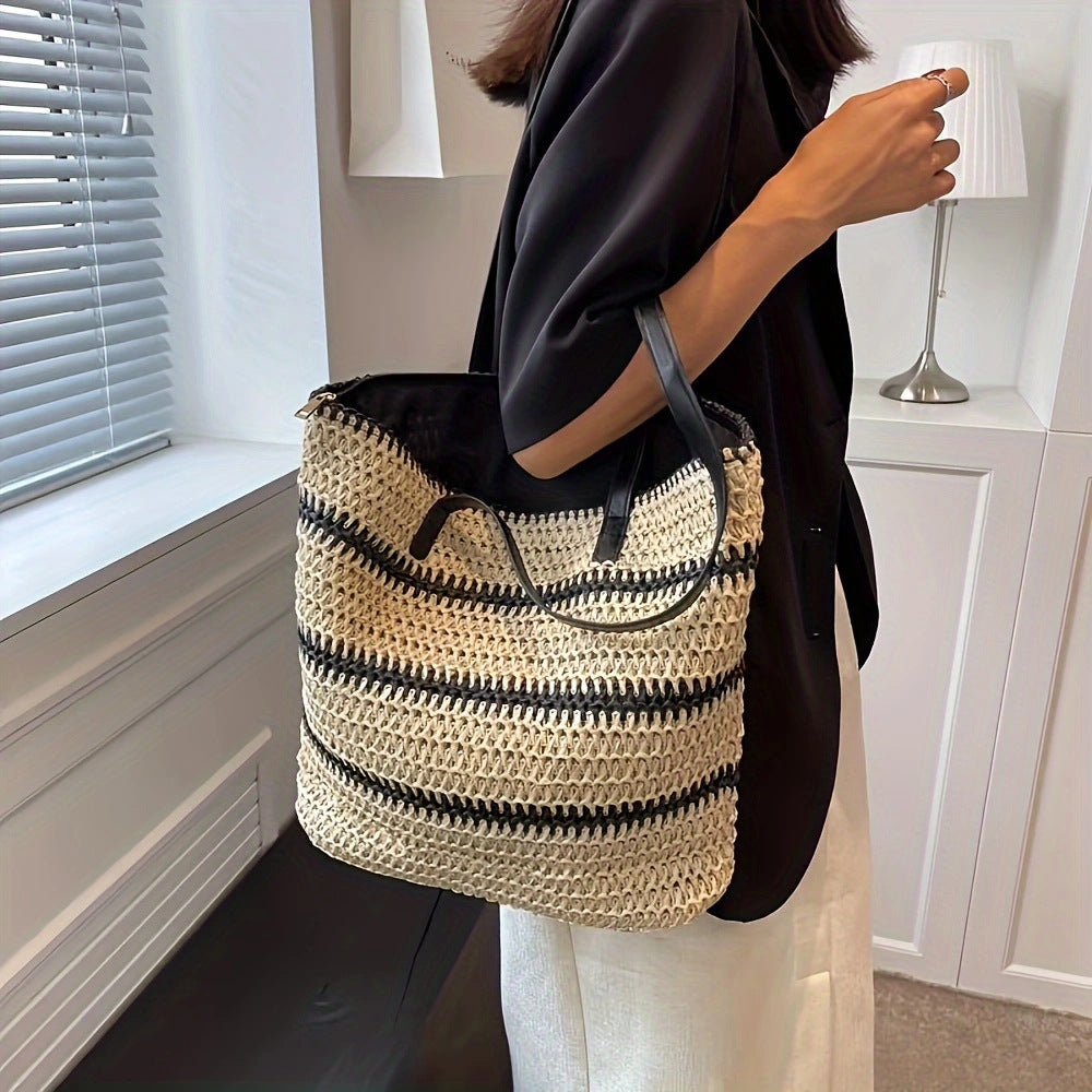 Elegant Raffia Shopping Bag with Leather Handles Stornfield