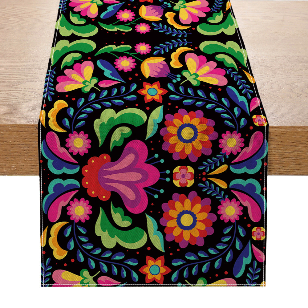 Folk Floral Table Runner Cotton-Blend Decorative Table Linen