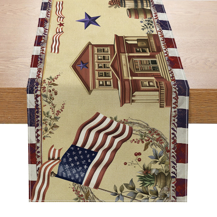 Distressed American Flag Cotton-Linen Table Runner with Patriotic Stars and Stripes Print
