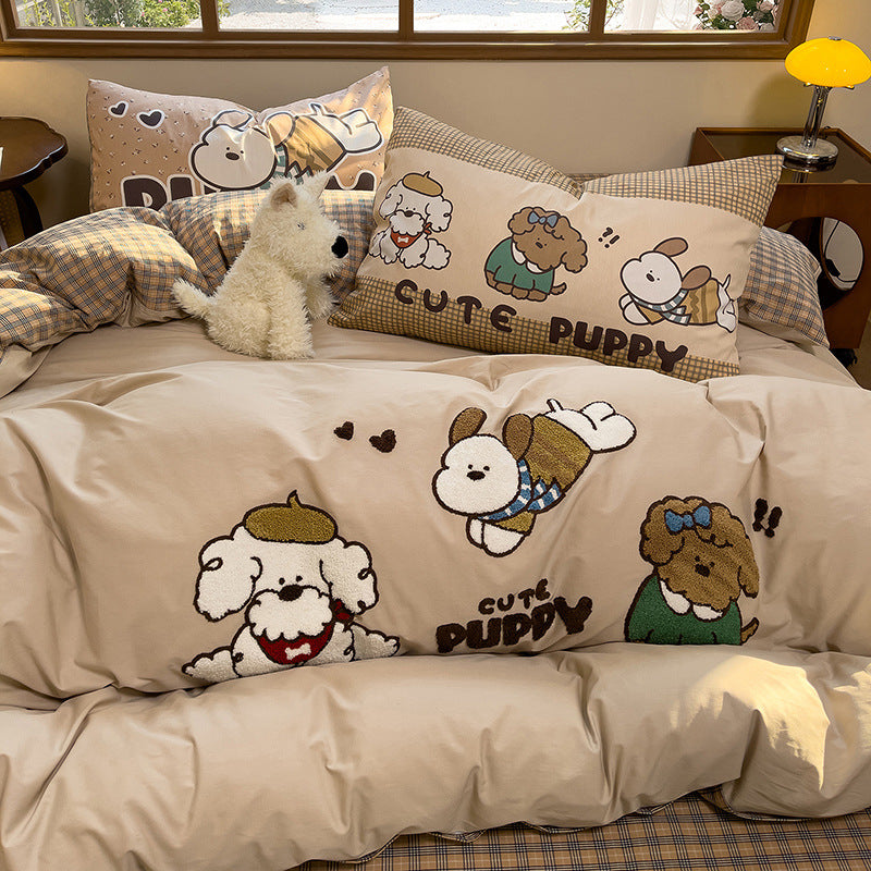Cartoon Puppy Embroidered Cotton Duvet Cover Bedding Set with Plaid Accents
